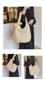 Detail of woven straw shoulder bag featuring a delicate lace bow and spacious design
