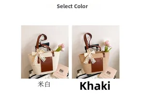 Vue détaillée des sacs en paille beige et kaki avec poches cuir et nœuds en dentelle