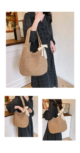 Close-up of woven straw shoulder bag with delicate lace bow detail and textured pattern