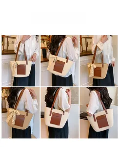 Détails du grand sac cabas en paille avec bandoulière en cuir et nœud en dentelle