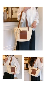 Détail du grand sac cabas en paille avec poche en cuir marron et nœud en dentelle