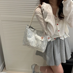 Ethnic style silver-grey jacquard tote bag with woven strap and silk scarf detail