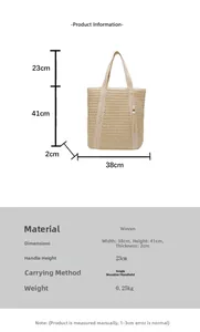 Size guide for woven straw shoulder bag with dimensions map and product specifications