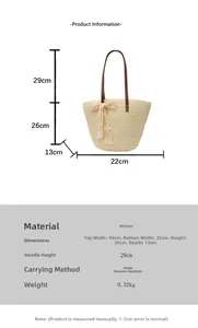 Size chart and dimensions for beige woven tote bag with brown handles and lace bow charm