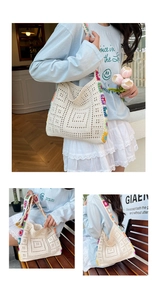 Handcrafted knit shoulder bag with colorful crochet floral details and hobo style