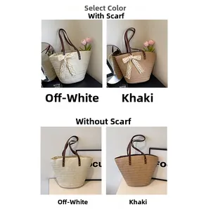 Detailed comparison of beige and khaki straw tote bags with optional lace scarf accents