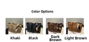 Color display of large tote bags with silk scarves in khaki, black, dark and light brown