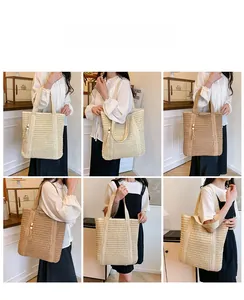 Detail of woven tote bag with wooden bead tassel and spacious interior design