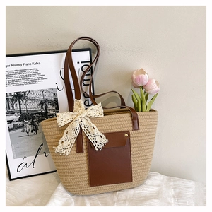 Sac Fourre-Tout en Paille Tressée Grande Capacité pour Femmes Sac à Épaule d'Été Décontracté Avec Poche en Simili Cuir