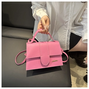 Détail du petit sac rose avec logo métallique doré et poignée supérieure élégante