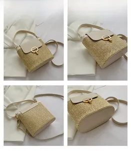 Multi-angle views of straw bucket bag with cream leather flap and gold ring lock