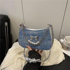 Sac à Épaule Femme Mode Denim PU Avec Nœud en Métal Chaîne de Künstliche Perles Sac Sous le Bras Y2K Bandoulière Nouée Sac Bandoulière
