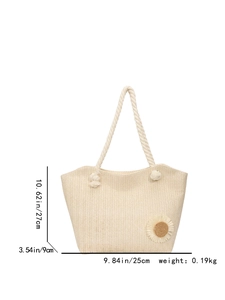Vista dettagliata della borsa tote in paglia intrecciata con girasole e dimensioni