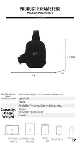 Borsa a tracolla nera compatta con dimensioni 12x17,5x2cm e cinturino regolabile 120cm