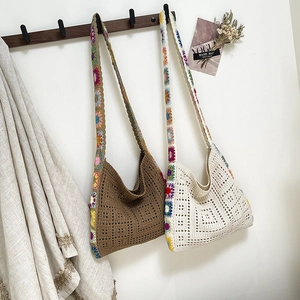 Bohemian Crochet Shoulder Bag For Women Floral Granny Square Knit Tote Vintage Hollow Out Summer Beach Travel Handbag