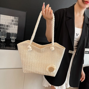 Borsa tote in paglia con girasole e manici in corda di cotone per donna stile estate