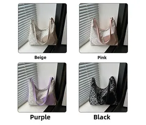 Collage of four hobo bags in beige pink purple and black with woven texture details