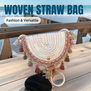 Borsa a Spalla in Paglia Intrecciata Boemia per Donna Nappa Ricamata a Mano Borsa a Tracolla Spiaggia Casuale Estate Vacanza Moda