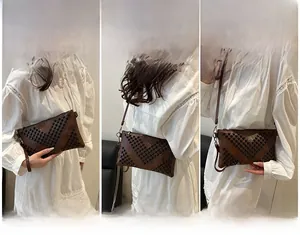 Detailed views of brown PU leather envelope bag with black stud rivets in three ways