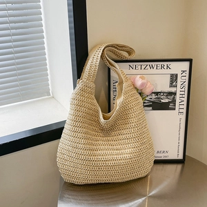 Women Large Capacity PU Woven Shoulder Bag Summer Beach Vacation Tote Bag With Lace Bow Decor Urban Minimalist Handbag