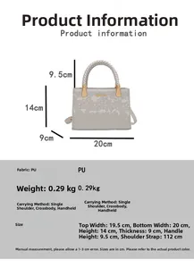 Detailed size specifications for a faux snake skin pattern handbag with top woven handle