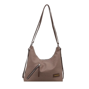 Bolso tote de espiga marrón y beige con bolsillo de cremallera y correa delgada