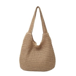 Large khaki woven beach tote bag with long shoulder straps for summer seaside vacations