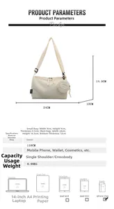 Detailed view of cream crossbody bag with a detachable round pouch and dimensions info