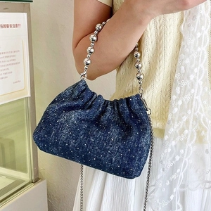 Women Denim Canvas Bucket Bag Korean Style Pleated Cloud Bag With Silver Bead Handle Metal Chain Crossbody Shoulder Bag