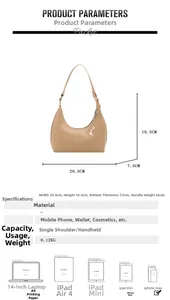 Dettagli dimensionali borsa a mezzaluna lucida larga 20,5 cm e alta 18,5 cm con parametri