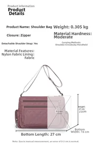 Quilted nylon shoulder bag shown with iPad Mini for size comparison and dimension details