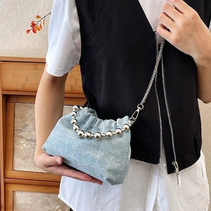 Denim bucket bag with rhinestones, silver bead handle and chain strap for women