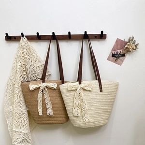 Women Straw Woven Tote Bag Large Capacity Handwoven Shoulder Bag With Lace Bow PU Leather Strap Casual Beach Vacation Handbag