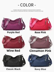 Detailed grid showing multi-pocket quilted nylon crossbody bags in six vibrant colors