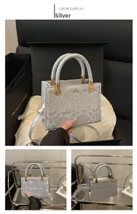 Detail view of silver snakeskin bag with woven handle and gold brand logo