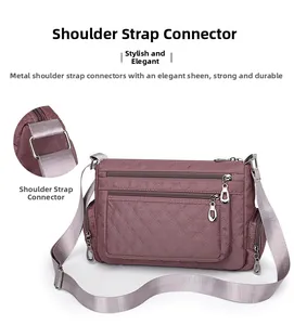 Detail of purple quilted crossbody bag showing silver metal hardware and adjustable strap