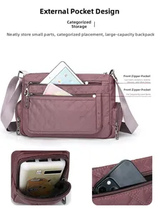 Detail of pink quilted nylon crossbody bag with multiple zippered utility pockets