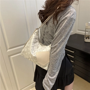 New Chinese-style geometric tote bag with silver jacquard and white leather pocket