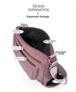 Detail view of purple quilted nylon crossbody bag with multi-pocket storage layout
