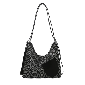 Retro Chinese style tote bag with geometric embroidery and black leather straps