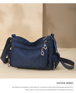 Detail of navy blue quilted nylon crossbody bag featuring multiple zipper pockets