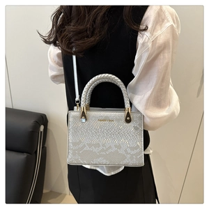 Detail of silver snake-pattern crossbody bag featuring braided handle and fashion text