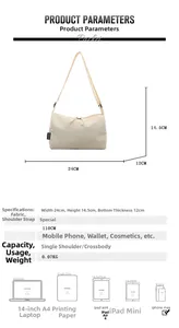 Detailed dimension chart showing cream canvas bag size compared to a smartphone