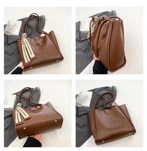 Detailed four-angle view of brown leather tote bag with silk scarf handle and metal feet