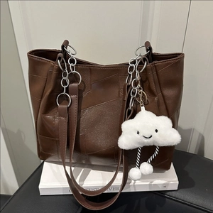 Large Capacity Women PU Leather Tote Bag Geometric Stitching Shoulder Bag With Cloud Plush Pendant Casual Commuting Handbag