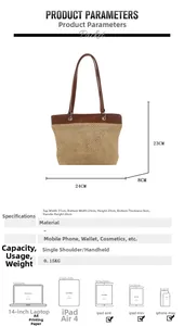 Detailed size specifications and storage capacity of the straw tote bag with dimensions