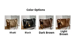 Color display of large tote bags in khaki, black, dark brown, and light brown with silk scarf