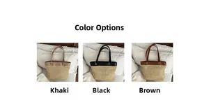 Straw tote bag detail showing khaki, black, and brown woven textures with PU leather straps