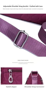Detail of metal adjustment buckle and heart quilted stitching on purple nylon shoulder bag