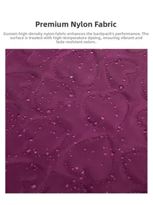 Macro detail of high-density purple nylon fabric with heart embossed texture and waterproof droplets